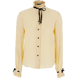 Beige High Neck Shirt with Ruffle Details in Silk Woman