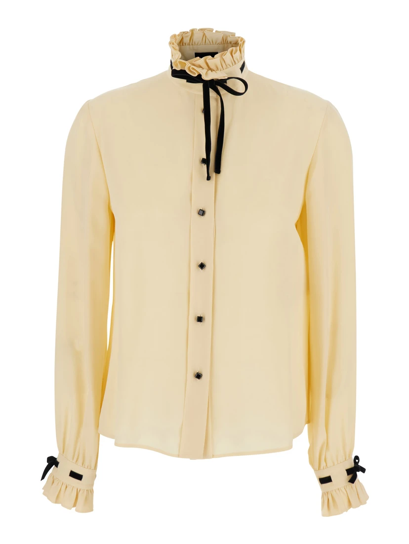 Beige High Neck Shirt with Ruffle Details in Silk Woman