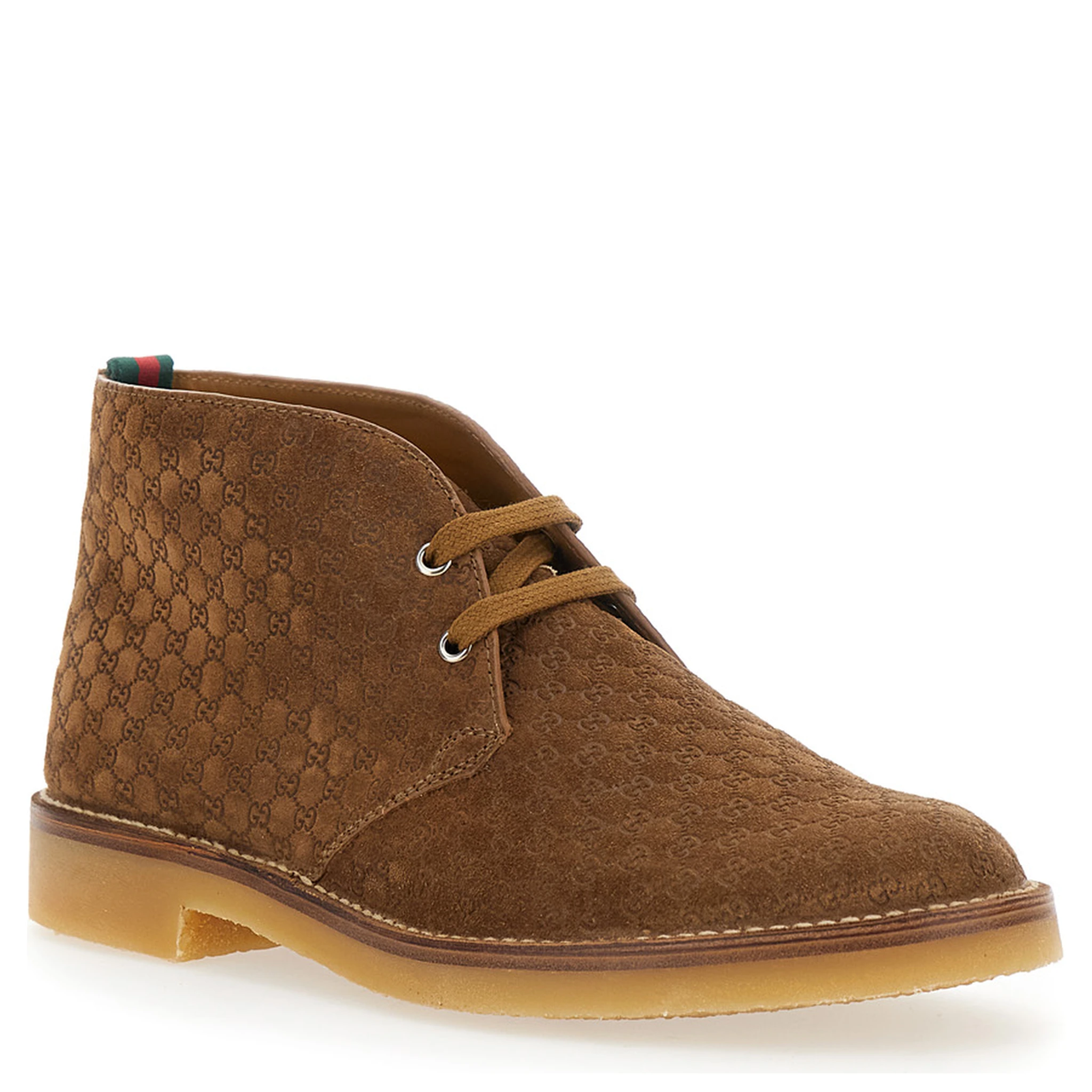 Brown Ankle Boots with Web Detail on the Heel and Low Heel in GG Suede Man