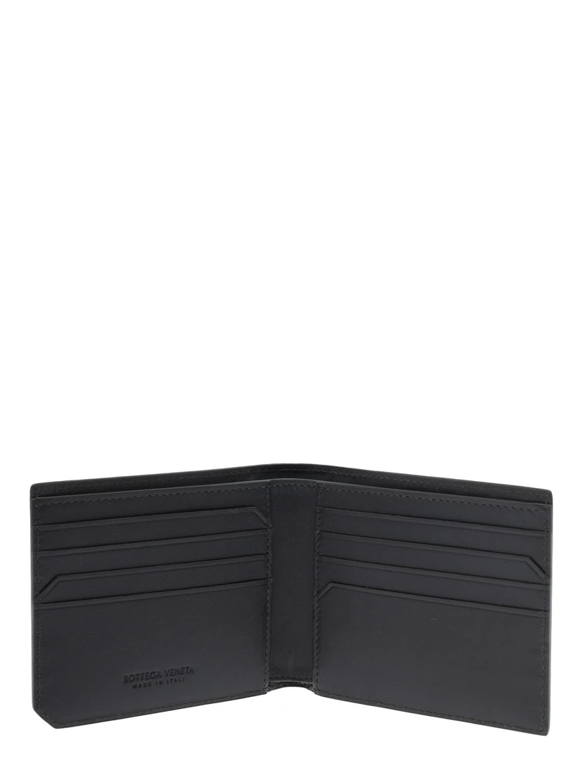 Green Bi-Fold Wallet with Intrecciato Motif and Embossed Logo Lettering on the Inside in Leather Man