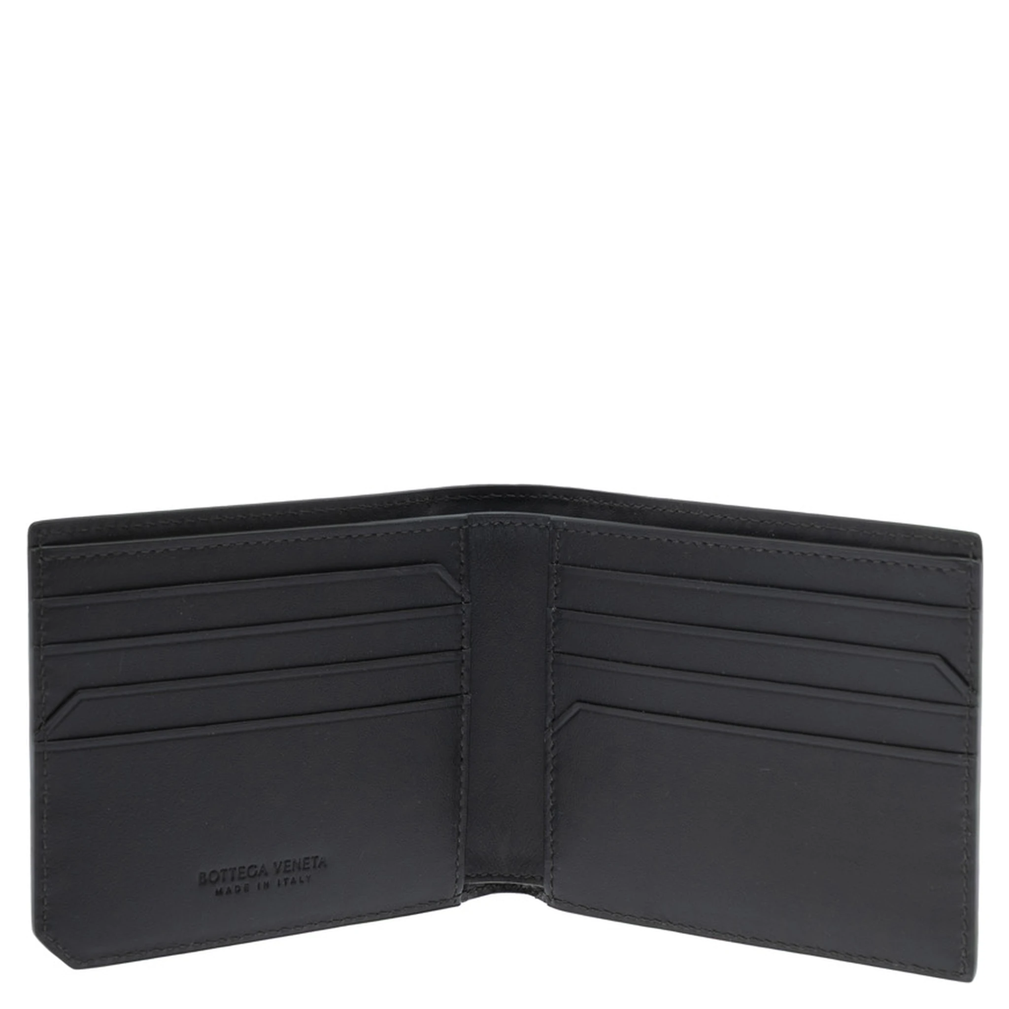 Green Bi-Fold Wallet with Intrecciato Motif and Embossed Logo Lettering on the Inside in Leather Man