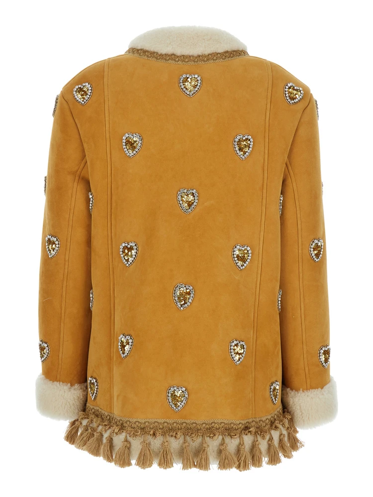 Beige Crewneck Jacket with All-Over Heart Embellishments and Fur Details in Leather Woman alternative