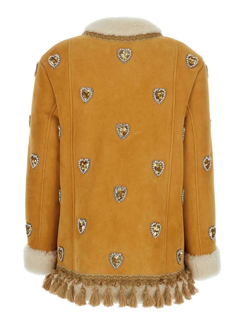 Beige Crewneck Jacket with All-Over Heart Embellishments and Fur Details in Leather Woman