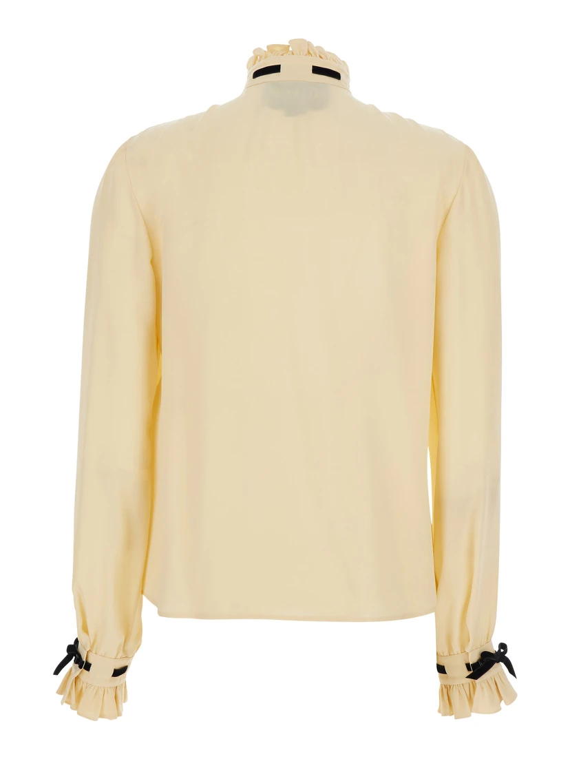 Beige High Neck Shirt with Ruffle Details in Silk Woman