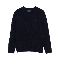 Blue Sweater with Round Neck and Pony Embroidery on the Front in Wool and Cashmere Boy