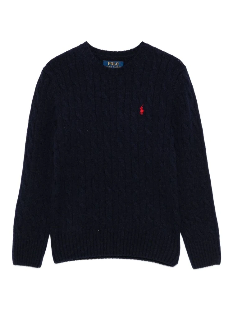 Blue Sweater with Round Neck and Pony Embroidery on the Front in Wool and Cashmere Boy