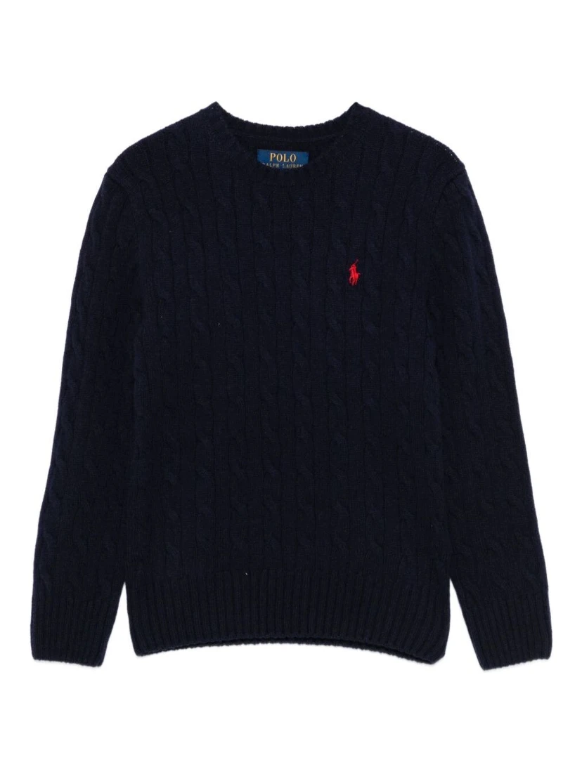 Blue Sweater with Round Neck and Pony Embroidery on the Front in Wool and Cashmere Boy