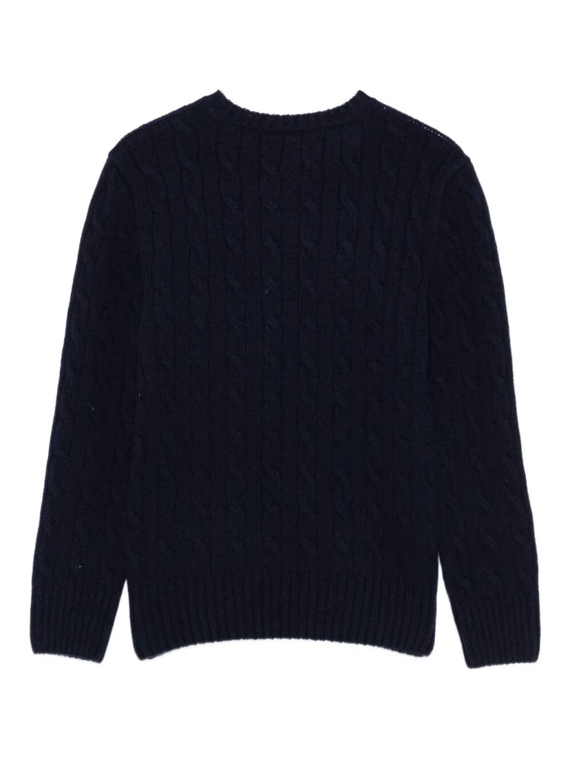 Blue Sweater with Round Neck and Pony Embroidery on the Front in Wool and Cashmere Boy