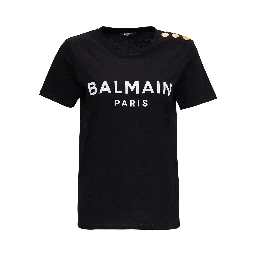 Black Crewneck T-Shirt with Logo Print and Golden Buttons in Jersey Woman