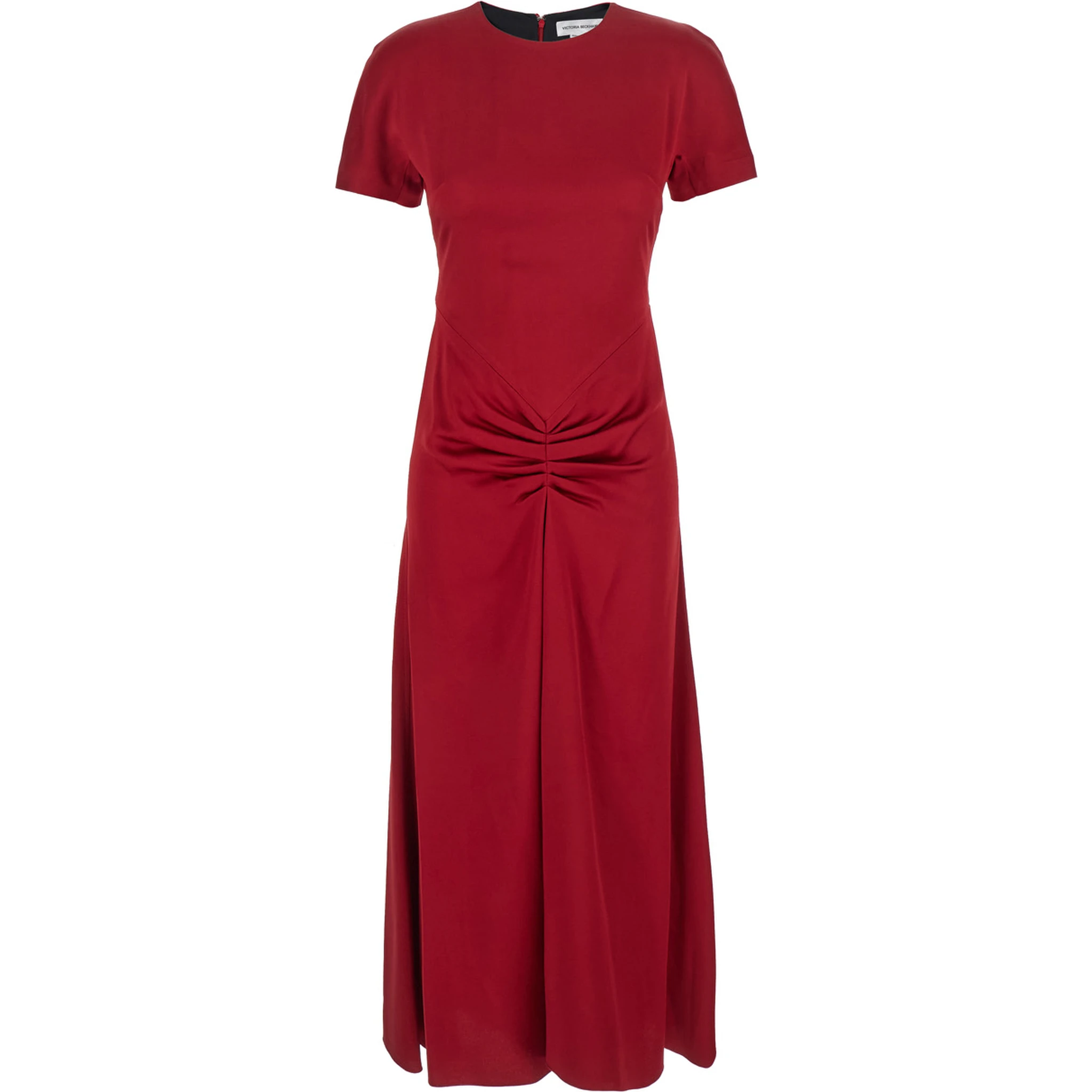 Red Crewneck Midi Dress with Gathered Waist and Rear Zip Closure in Viscose Blend Woman