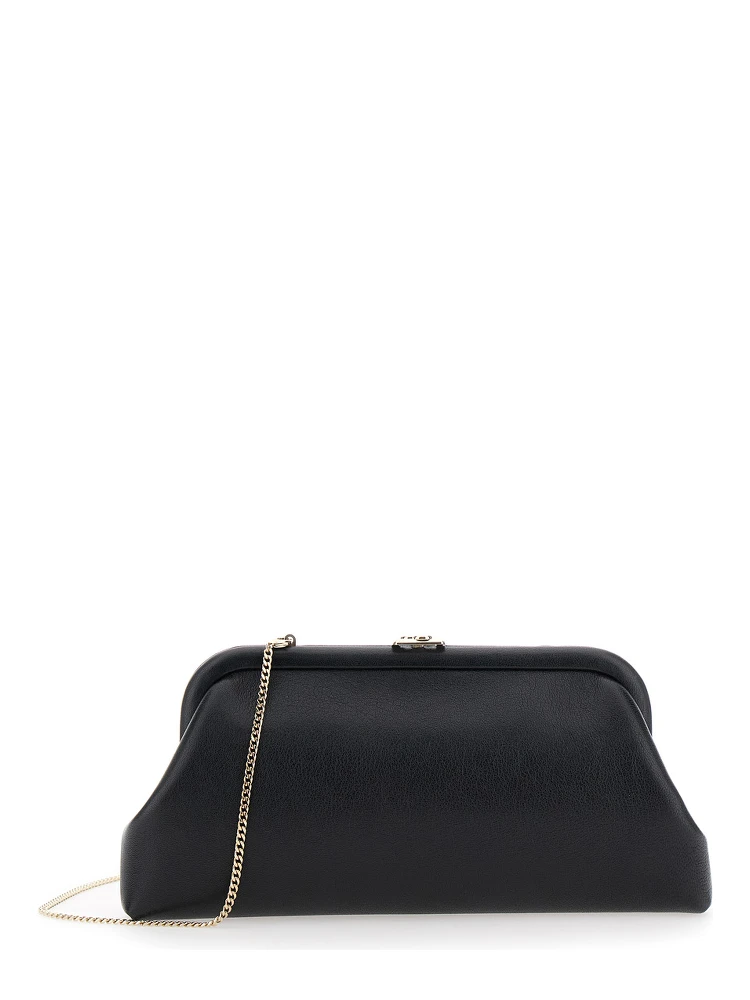 Skylar Black Clutch with Chain-Link Shoulder Strap and Kiss-Lock Closure with Logo Plaque in Leather Woman