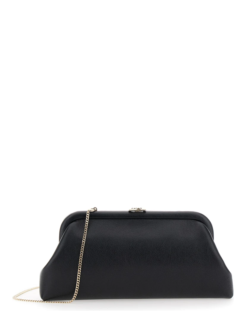 Skylar Black Clutch with Chain-Link Shoulder Strap and Kiss-Lock Closure with Logo Plaque in Leather Woman