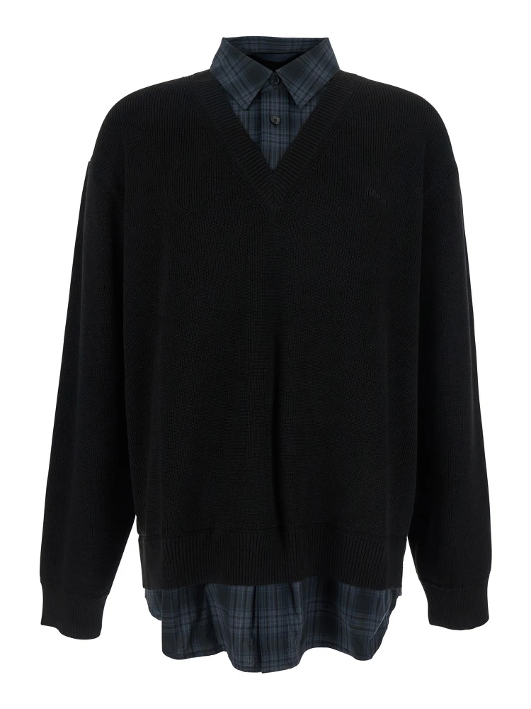 Black Sweater with Layered Design and Classic Collar in Cotton and Wool Blend Man