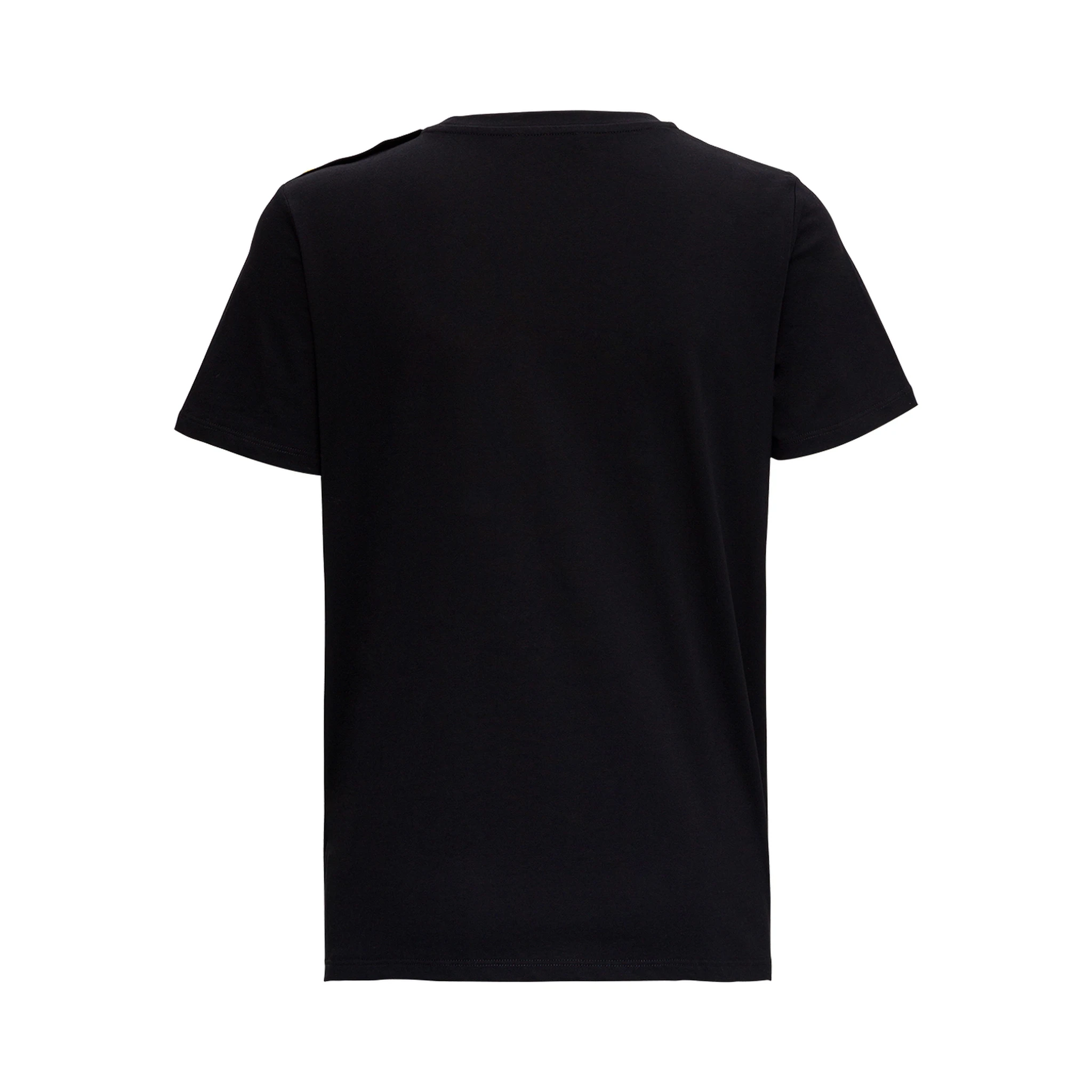 Black Crewneck T-Shirt with Logo Print and Golden Buttons in Jersey Woman