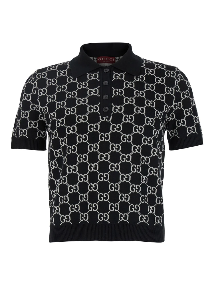 Black Polo Shirt with Ribbed Trims in GG Canvas Woman