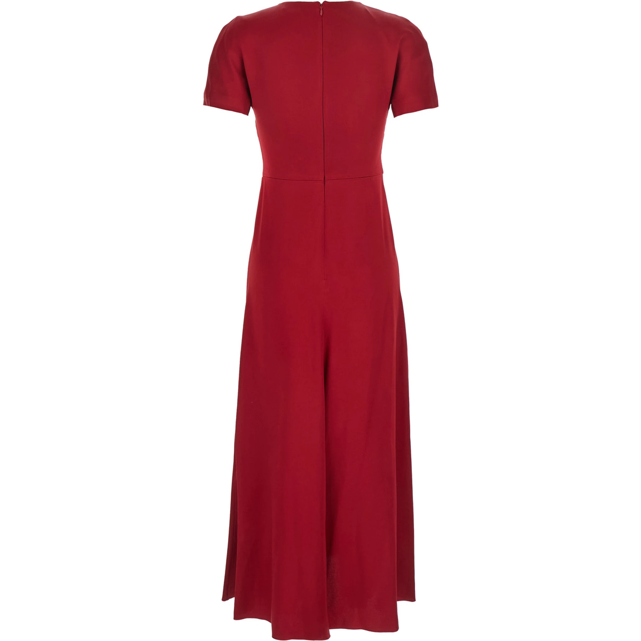 Red Crewneck Midi Dress with Gathered Waist and Rear Zip Closure in Viscose Blend Woman