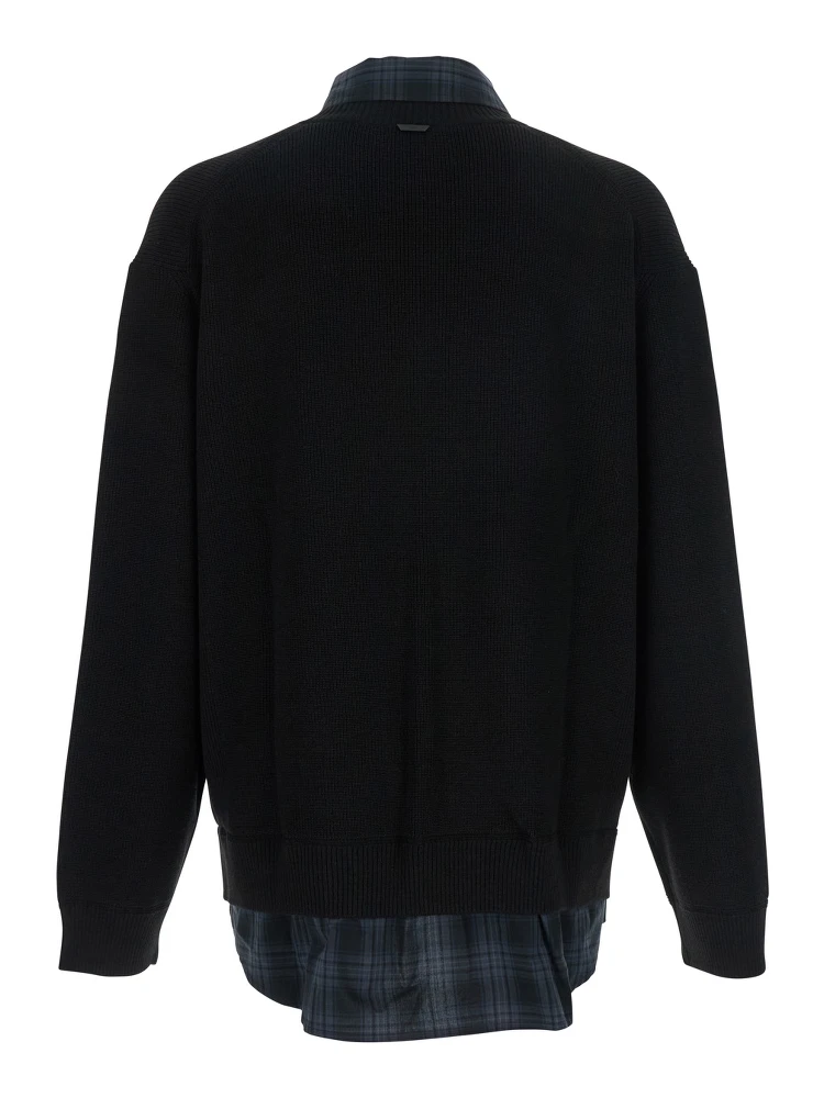 Black Sweater with Layered Design and Classic Collar in Cotton and Wool Blend Man alternative
