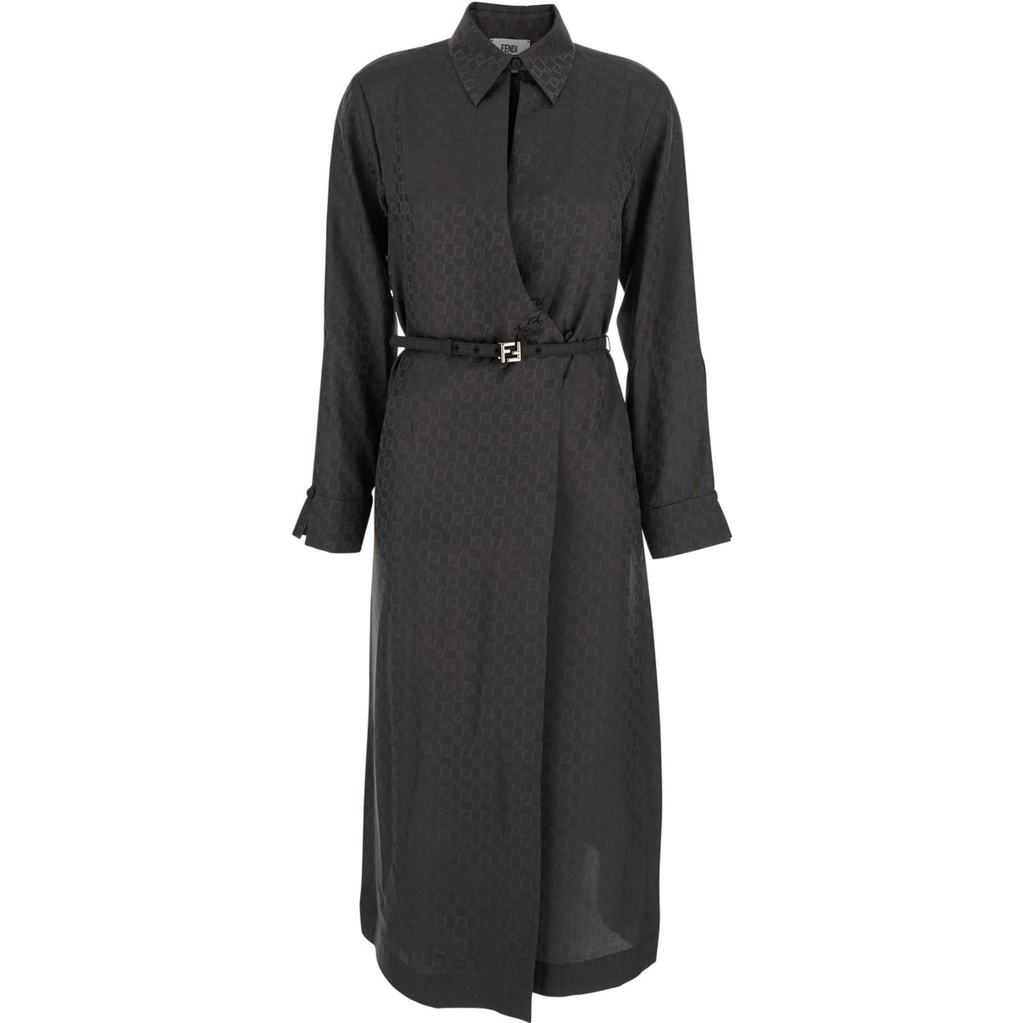 Brown Dress with All-Over FF Motif and Belt with Plaque at the Waist in Silk Woman