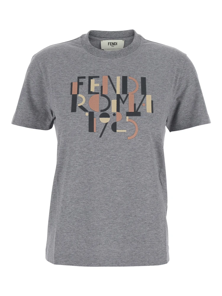 Grey Crewneck T-Shirt with Logo Detail on the Front in Cotton Woman