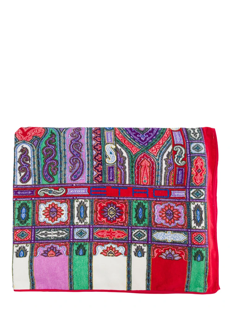 Red Beach Towel with Paisley Ornamental Print in Cotton Terry Home