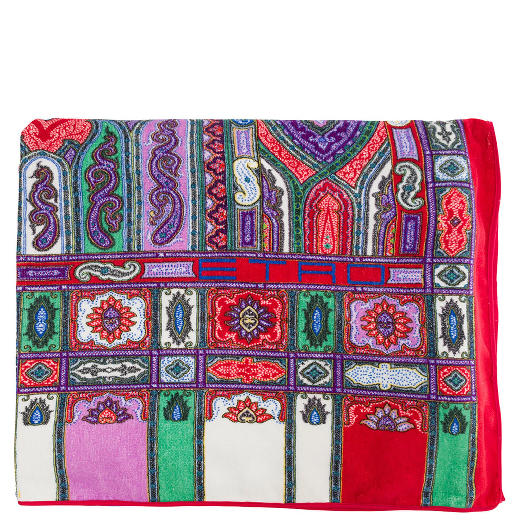 Red Beach Towel with Paisley Ornamental Print in Cotton Terry Home