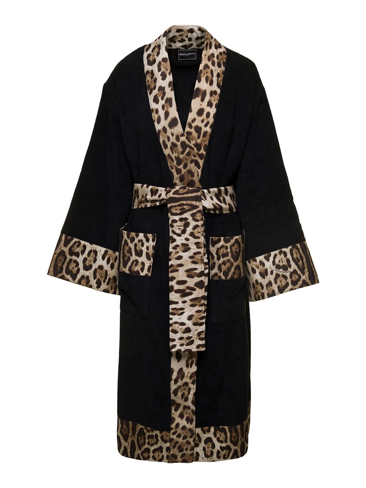Black Kimono Bathrobe with Leopard Trim in Cotton Dolce & Gabbana
