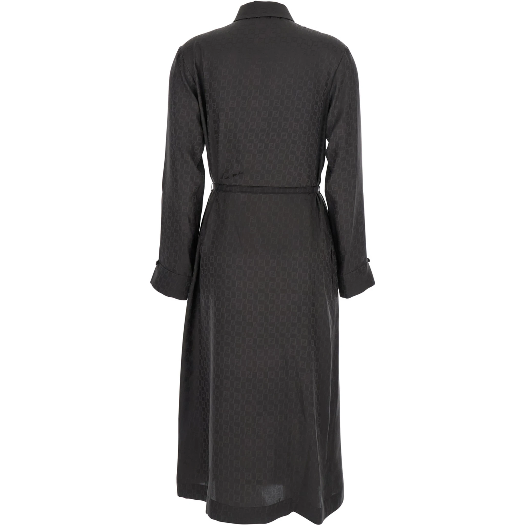 Brown Dress with All-Over FF Motif and Belt with Plaque at the Waist in Silk Woman