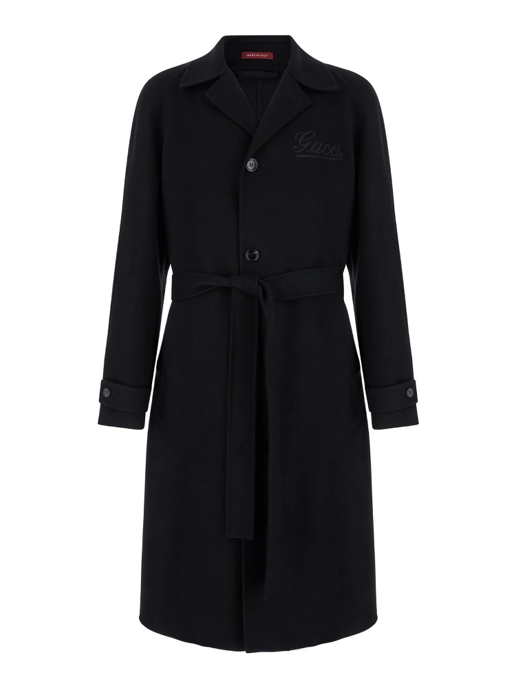Black Single-Breasted Coat with Wide Notched Revers and Belt in Wool Man