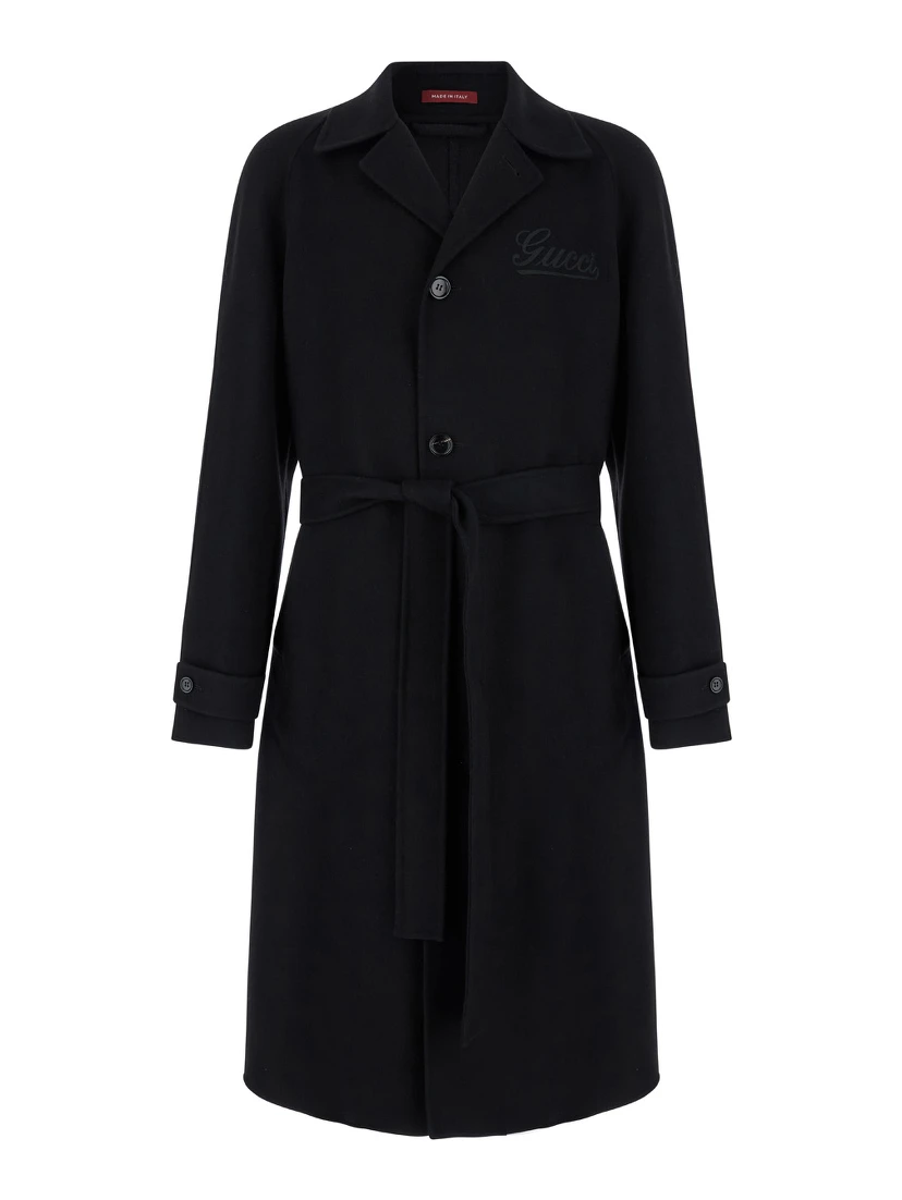 Black Single-Breasted Coat with Wide Notched Revers and Belt in Wool Man