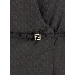 Brown Dress with All-Over FF Motif and Belt with Plaque at the Waist in Silk Woman