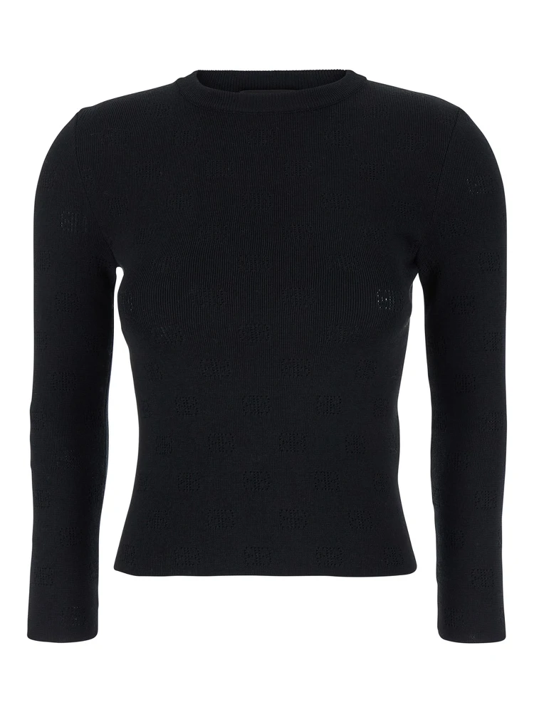 Black Sweater with All-Over BB Motif in Open Knit Wool Woman