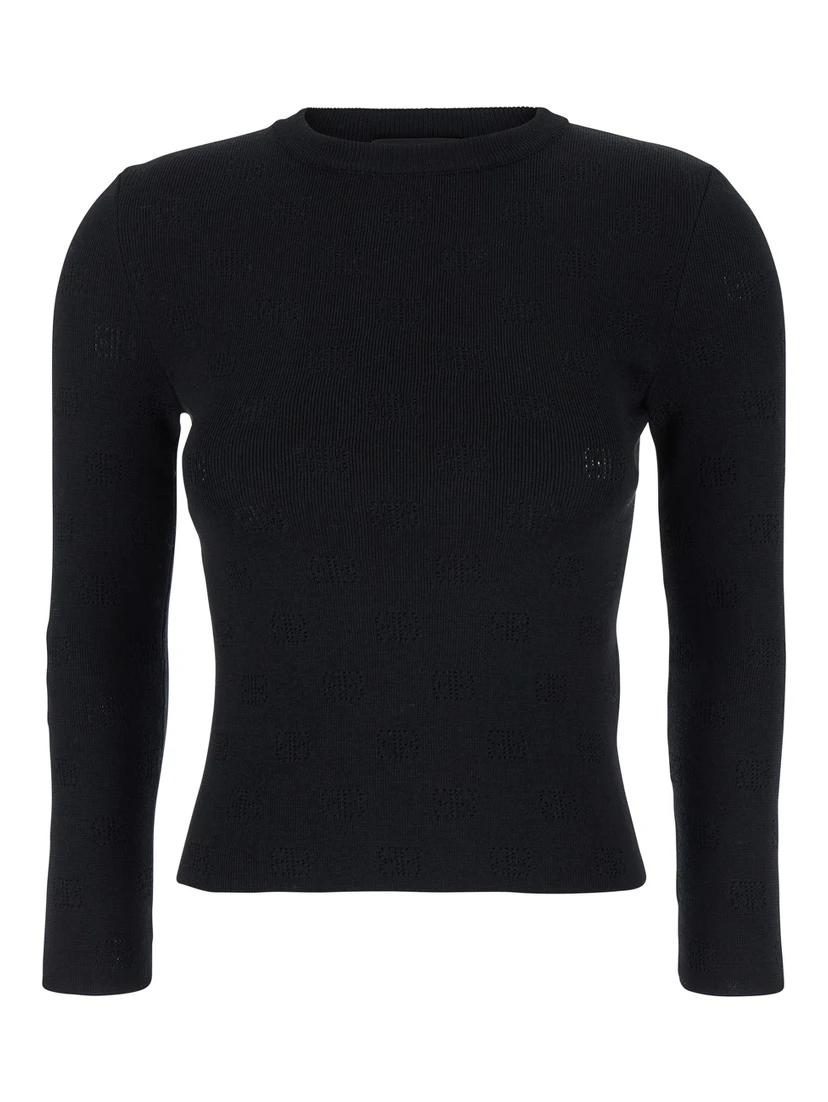 Black Sweater with All-Over BB Motif in Open Knit Wool Woman