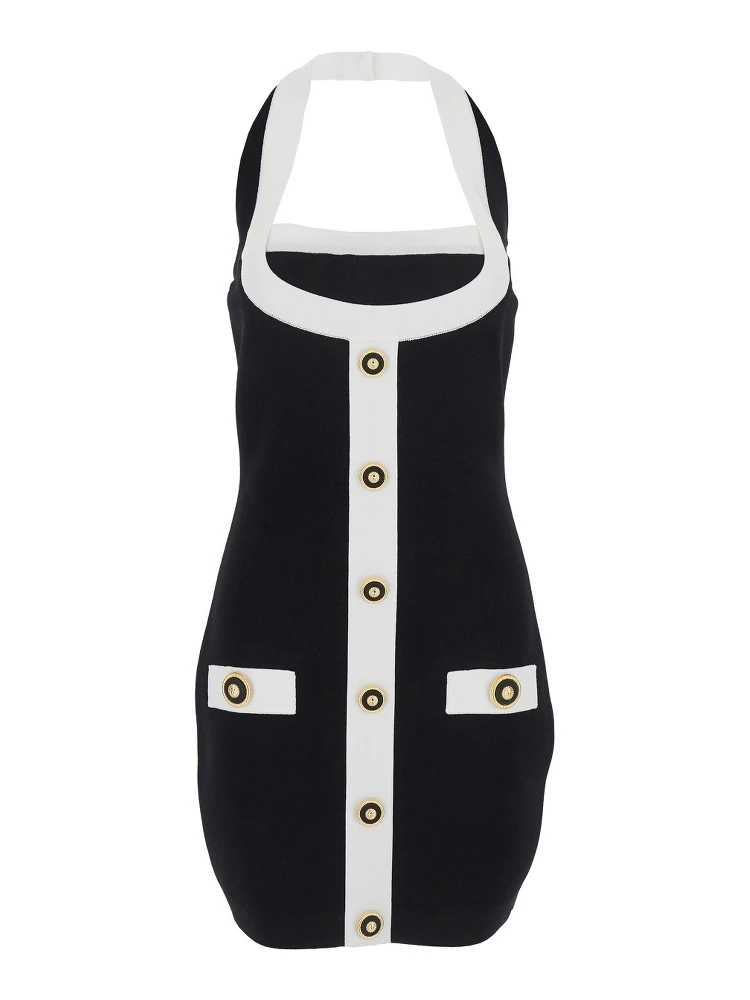 Black Dress with Square Neckline and Decorative Buttons in Viscose Blend Women