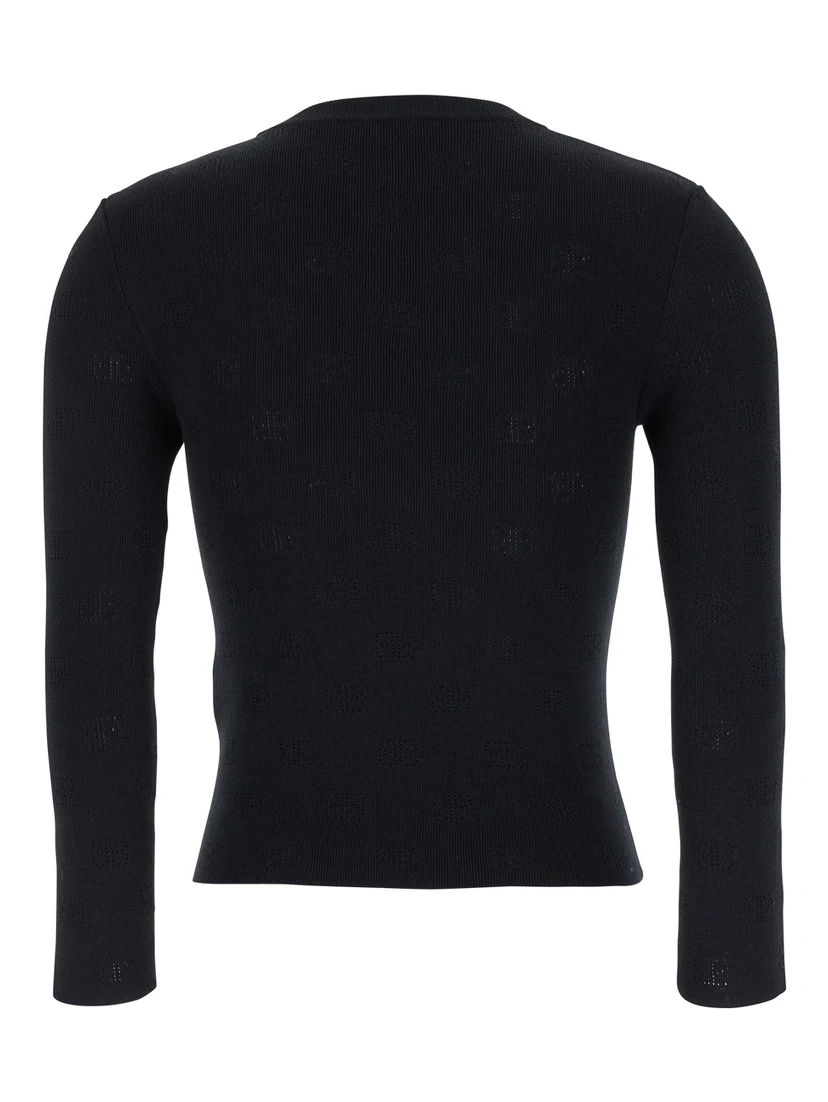 Black Sweater with All-Over BB Motif in Open Knit Wool Woman