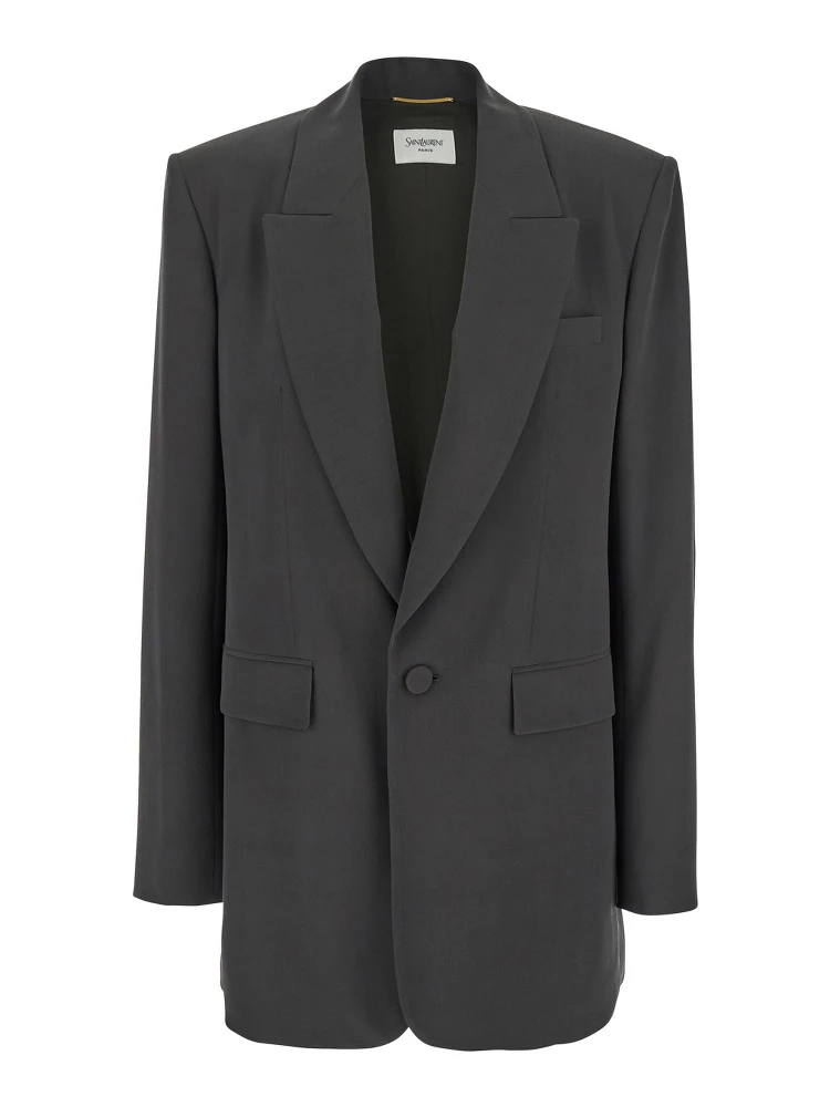 Grey Single-Breasted Jacket with Peak Revers in SIlk Woman