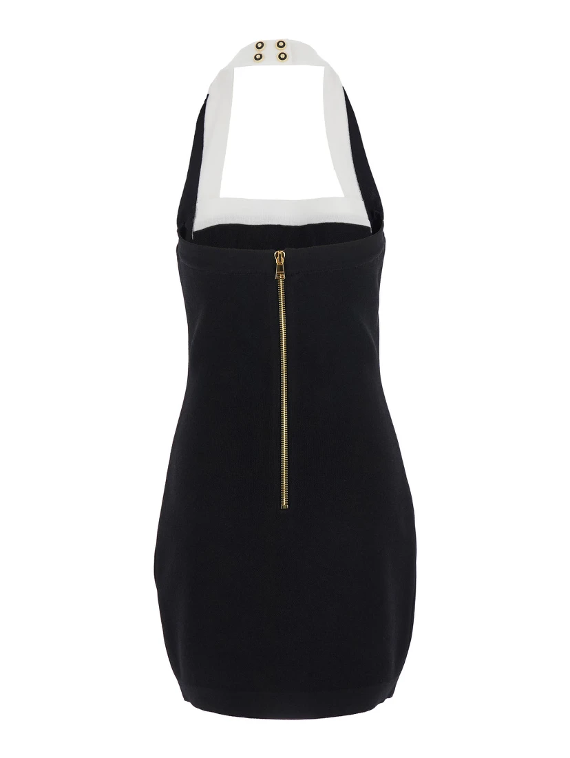 Black Dress with Square Neckline and Decorative Buttons in Viscose Blend Women