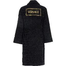 Black Bathrobe with Medusa Plaque on the Front and Maxi Logo on the Back in Cotton Home