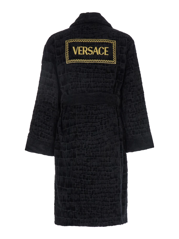 Black Bathrobe with Medusa Plaque on the Front and Maxi Logo on the Back in Cotton Home