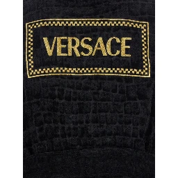 Black Bathrobe with Medusa Plaque on the Front and Maxi Logo on the Back in Cotton Home