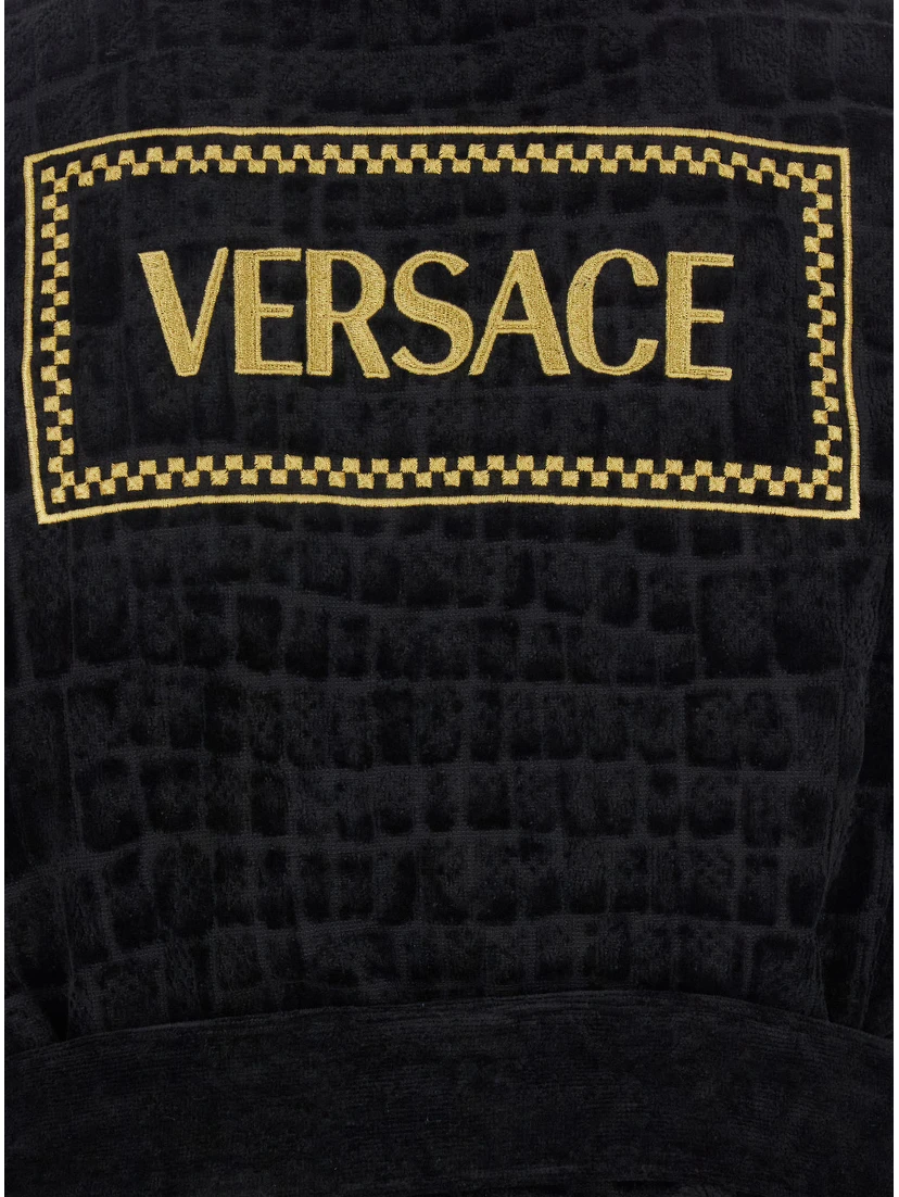 Black Bathrobe with Medusa Plaque on the Front and Maxi Logo on the Back in Cotton Home