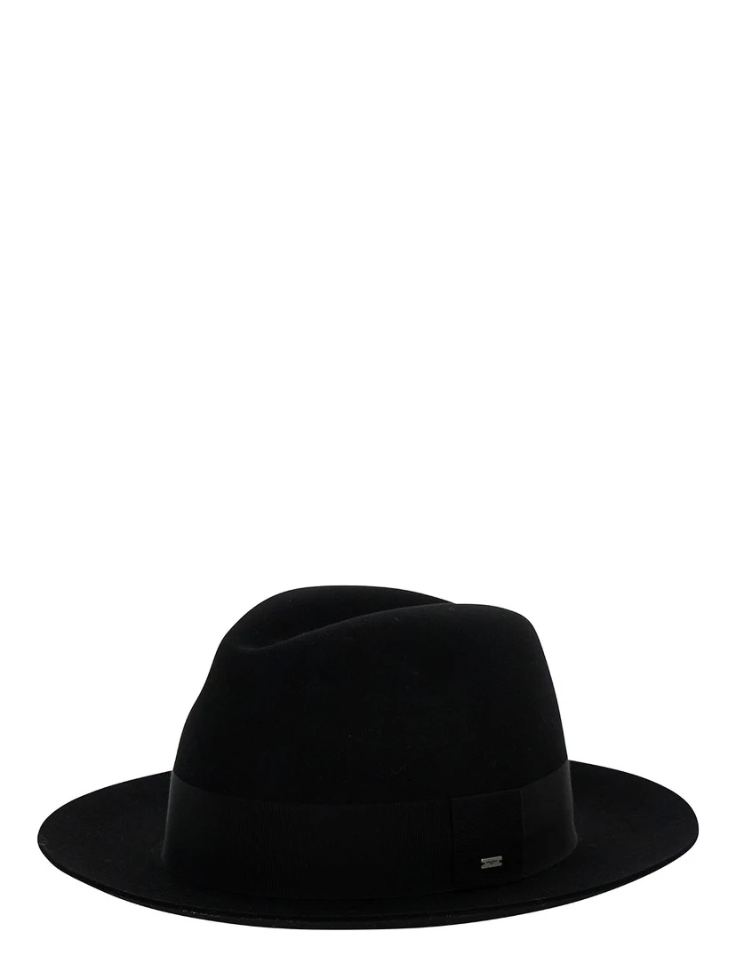 Black Fedora Hat with Grosgrain Band in Wool Felt Woman