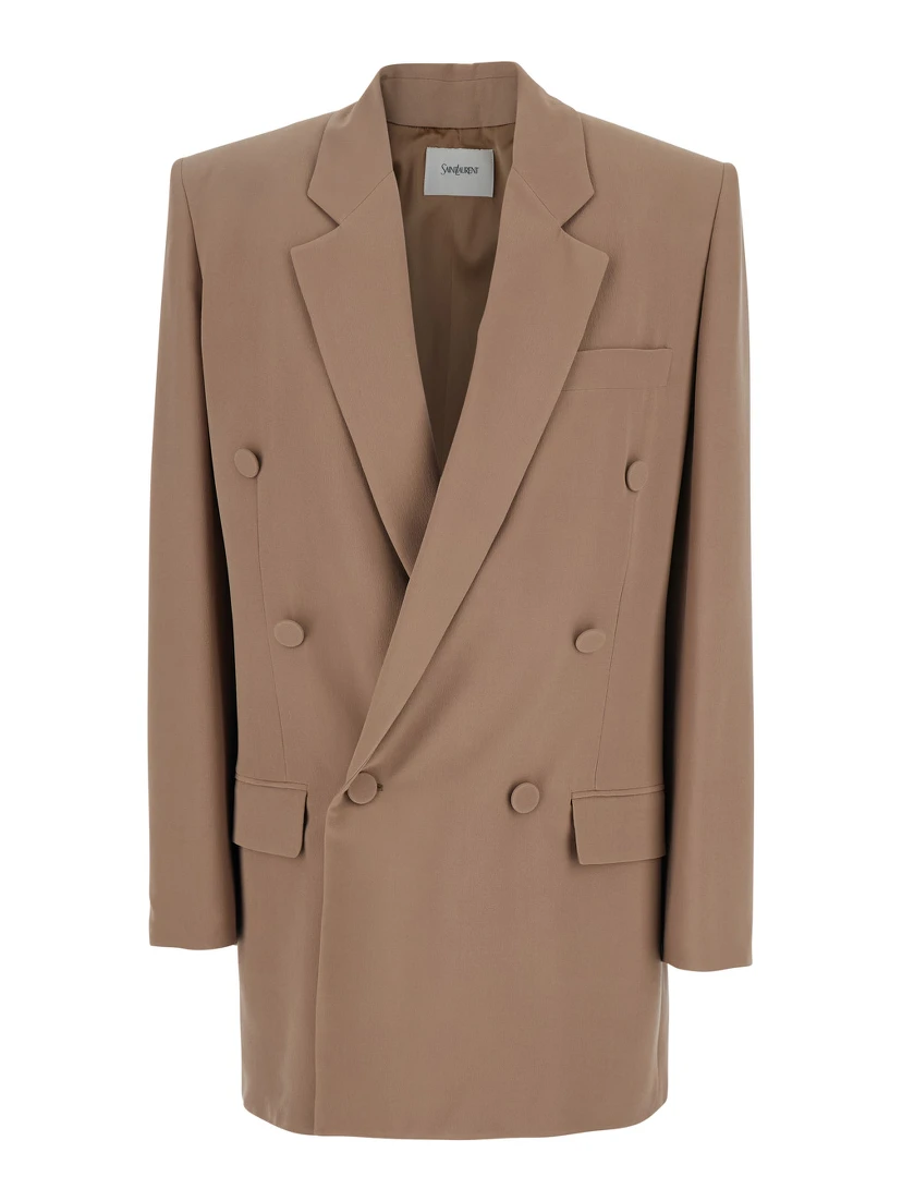 Beige Double Breasted Jacket with Classic Lapels in Silk Woman