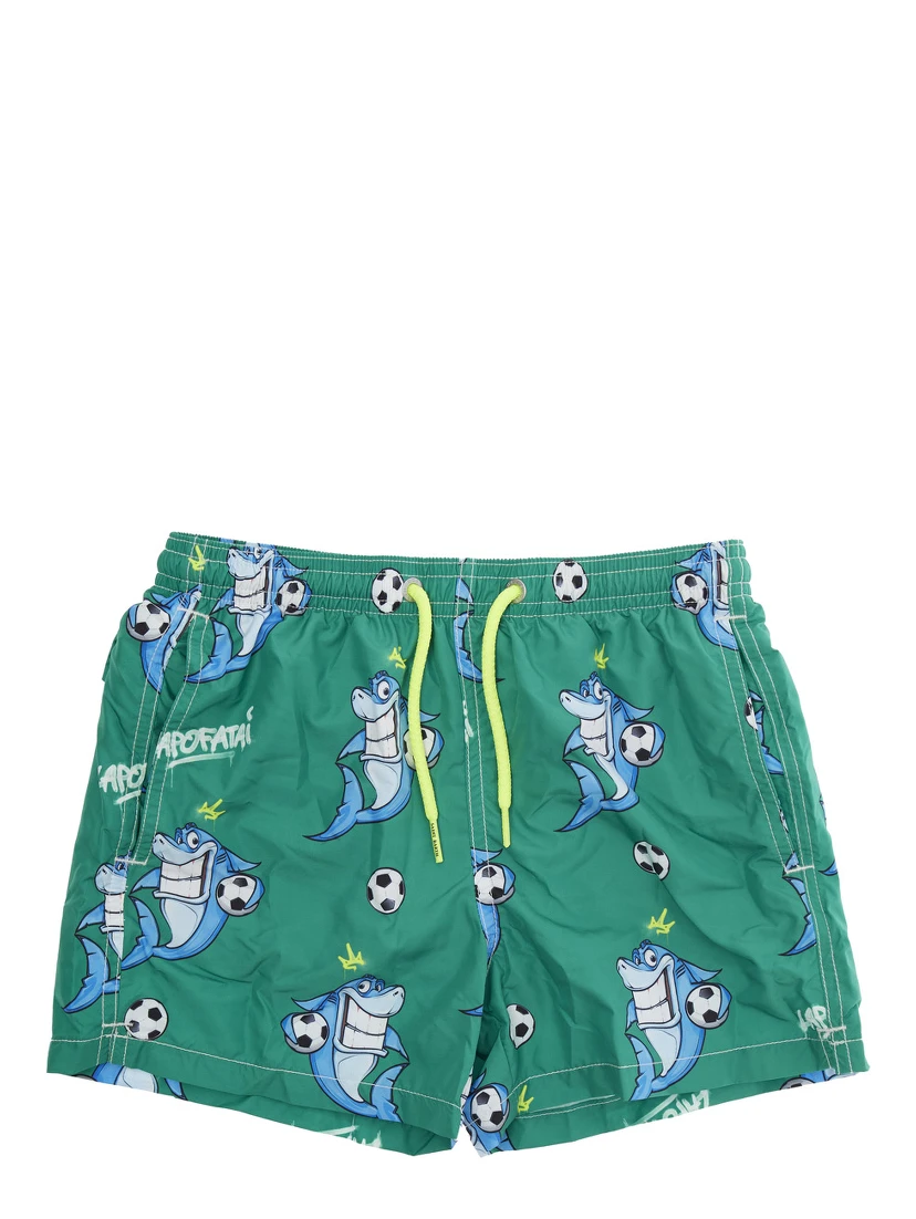 Jean Lighting Green Swim Shorts with Elastic Drawstring Waist and All-Over Print in Tech Fabric Boy