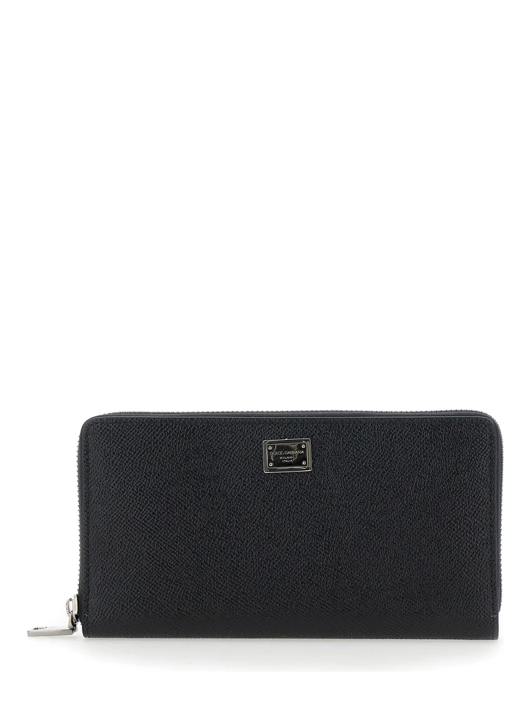 Black Wallet with Logo Plaque on the Front in Grained Leather Man
