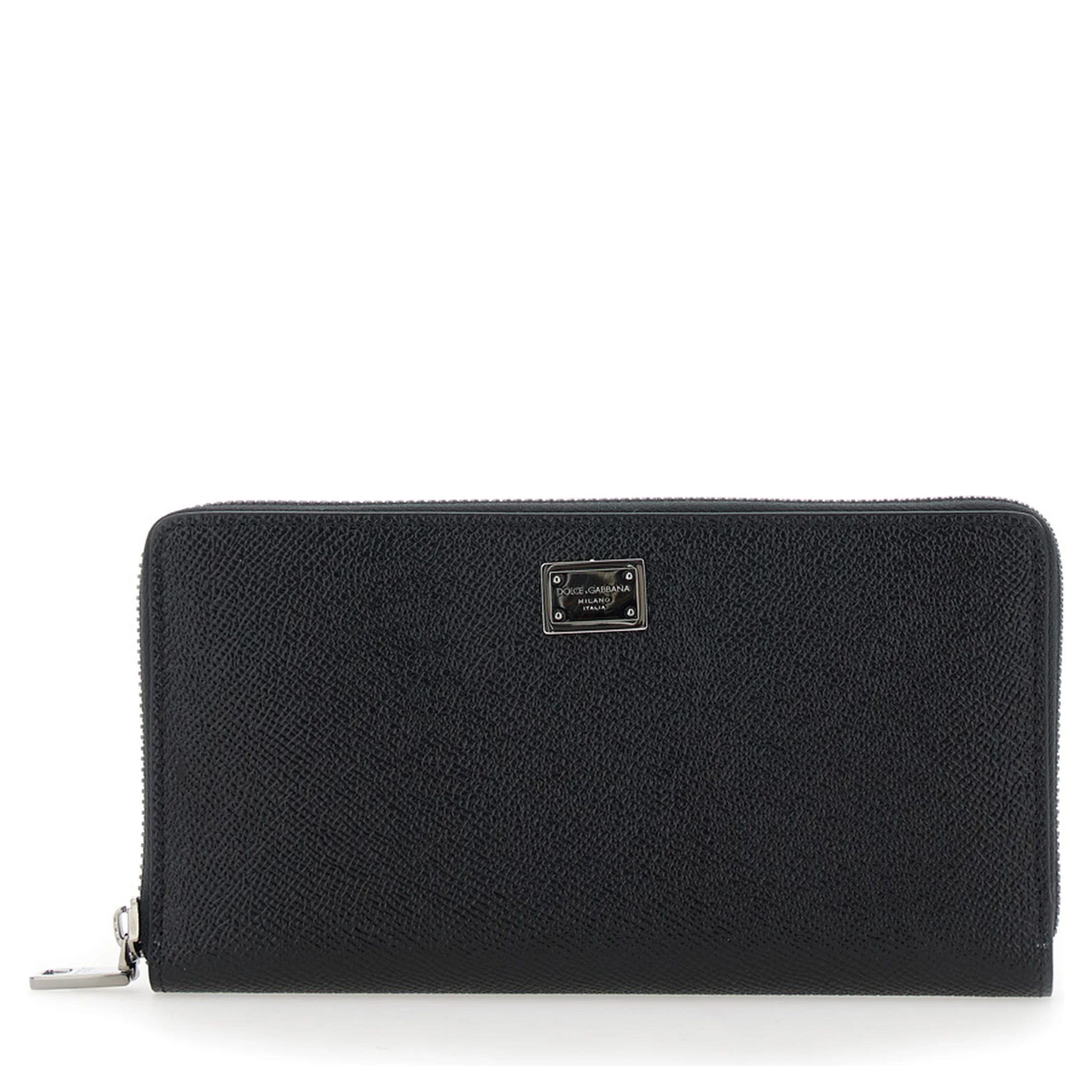 Black Wallet with Logo Plaque on the Front in Grained Leather Man