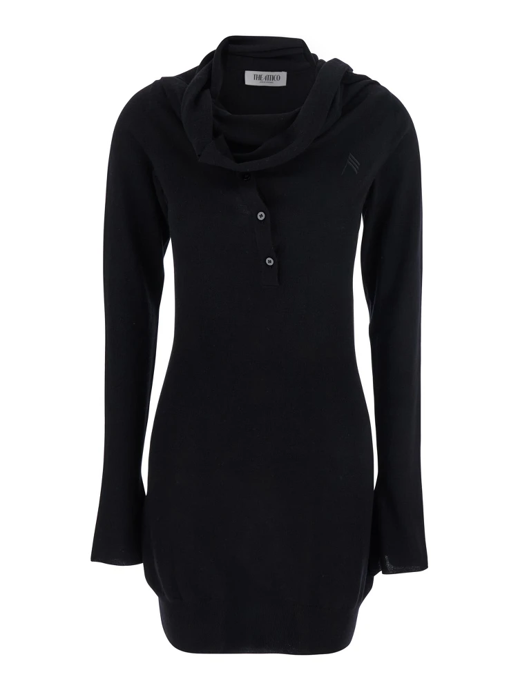 Black Mini Dress with Cowl Neck and Flared Sleeves in Wool and Cashmere Woman