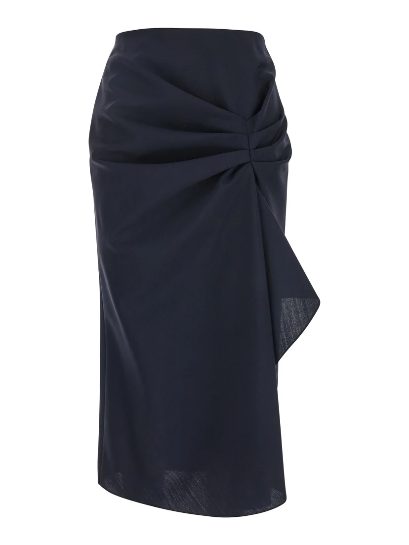 Blue Skirt with Asymmetric Design and Front Seam with Pleats in Wool and Mohair Blend Woman