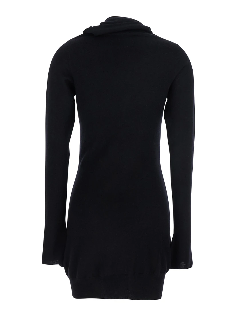 Black Mini Dress with Cowl Neck and Flared Sleeves in Wool and Cashmere Woman