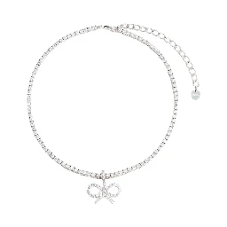 Metallic Tennis Necklace with Bow Charm and Crystal Embellishments in Brass Woman