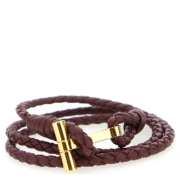 Bordeaux Bracelet with Intrecciato Motif in Leather and Brass Woman